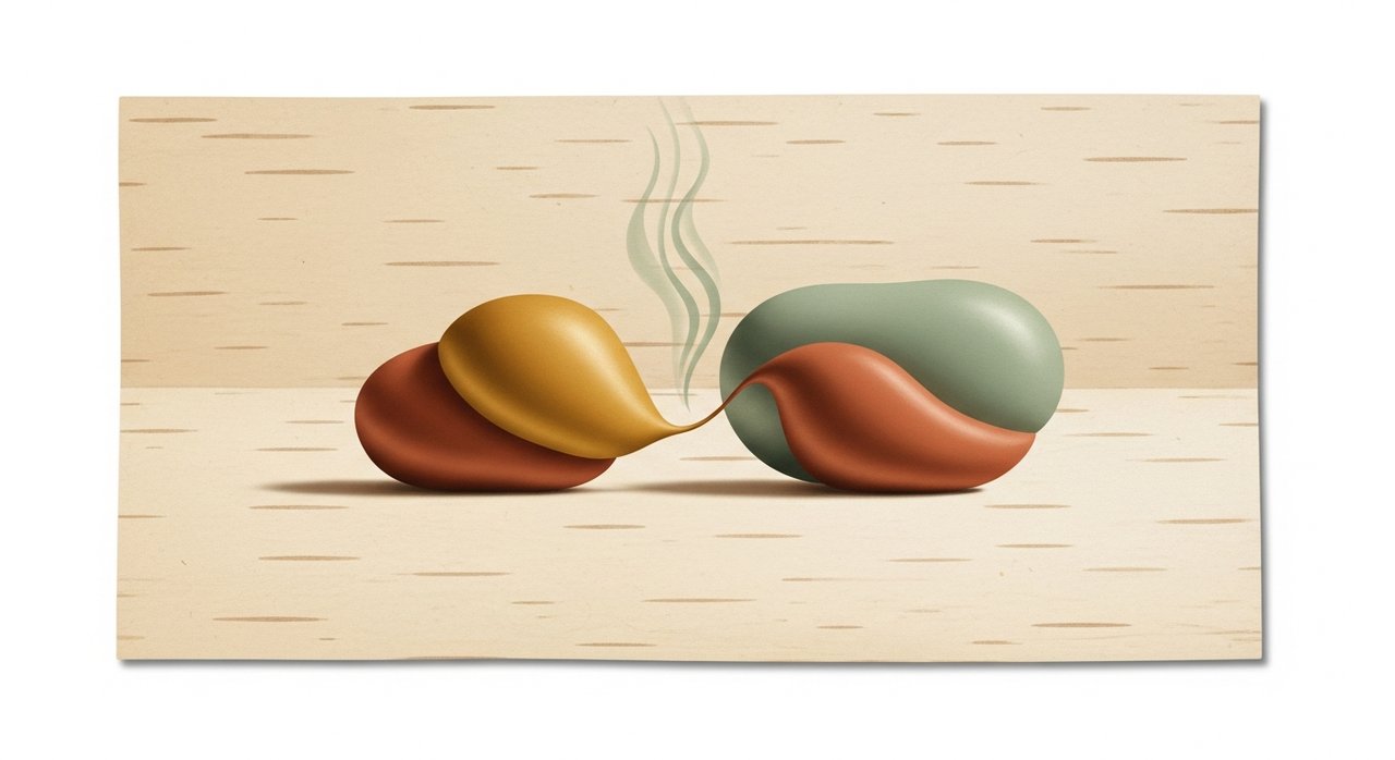 Conversation — two warm forms leaning toward each other